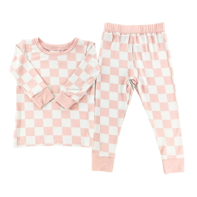 Blush-Checkered-Bamboo-Set-Cute-Children-100-Cotton-Soft-Home-Wear-Underwear-Long-Sleeve-Kids-Design-for-Girls-Children-Pajamas