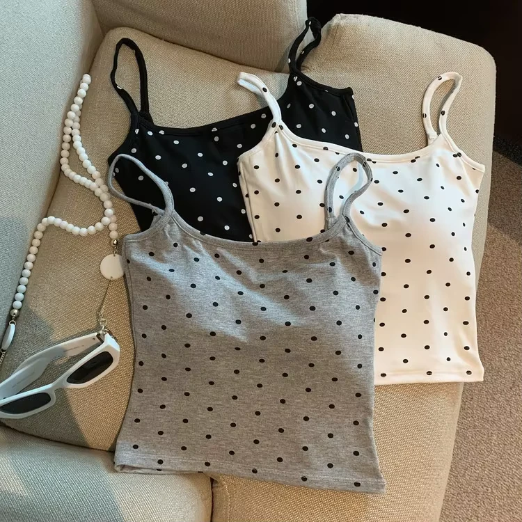 Custom-Logo-Women-Polka-Dot-Padded-Camisole-Tank-Top-U-Back-Breathable-Crop-Bra-Lnnerwear-Summer-Casual-Vest