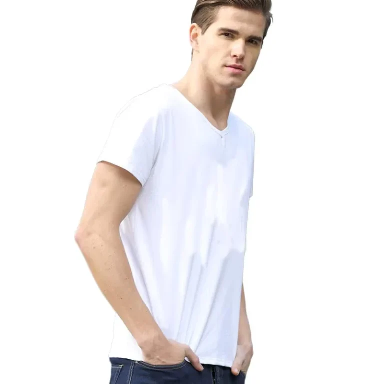 Elastic-Slim-Fit-T-Shirt-Mens-White-Undershirt-Loose-V-Neck-Base-Layer-Solid-Color-Short-Sleeved-Plus-Size