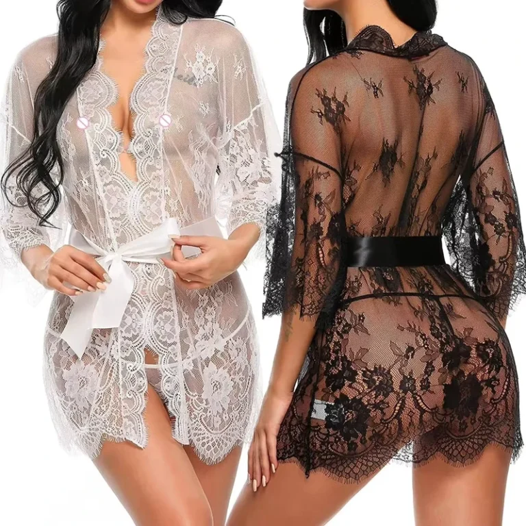 Erotic-Female-Sex-Robe-Set-Lace-Bandage-See-through-Underwear-G-String-Women-Lingerie-Sleepwear