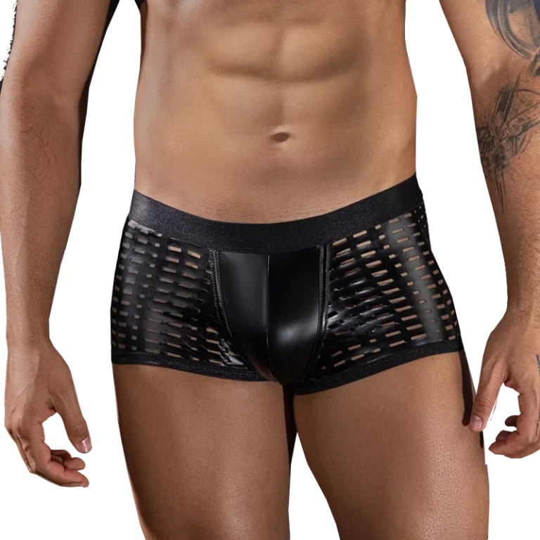 Erotic-Hole-Black-PU-Leather-Mens-Boxers-Shorts-Sexy-Underwear-for-Men