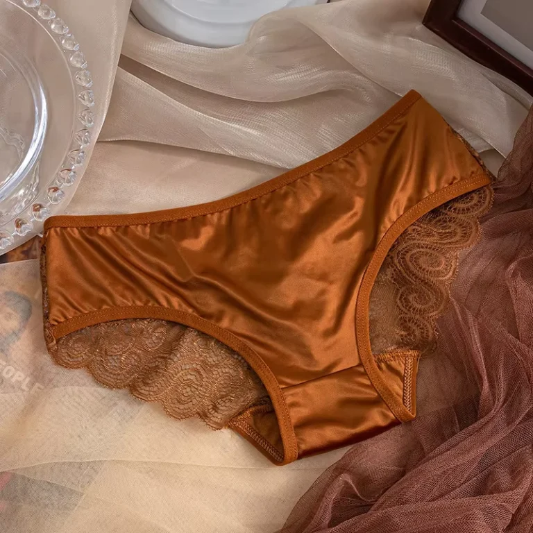 Fashion-Vintage-Satin-Panties-Sexy-Strappy-Back-Underwear-Caramel-Briefs-Scalloped-Lace-Knickers-Cute-Bowknot-Lingerie