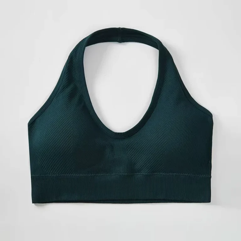 Fashionable-Dark-Green-S-L-Comfortable-Halter-Neck-Skin-friendly-Knitted-Spiral-Pattern-Womens-Sports-Bra-Without-Steel-Ring
