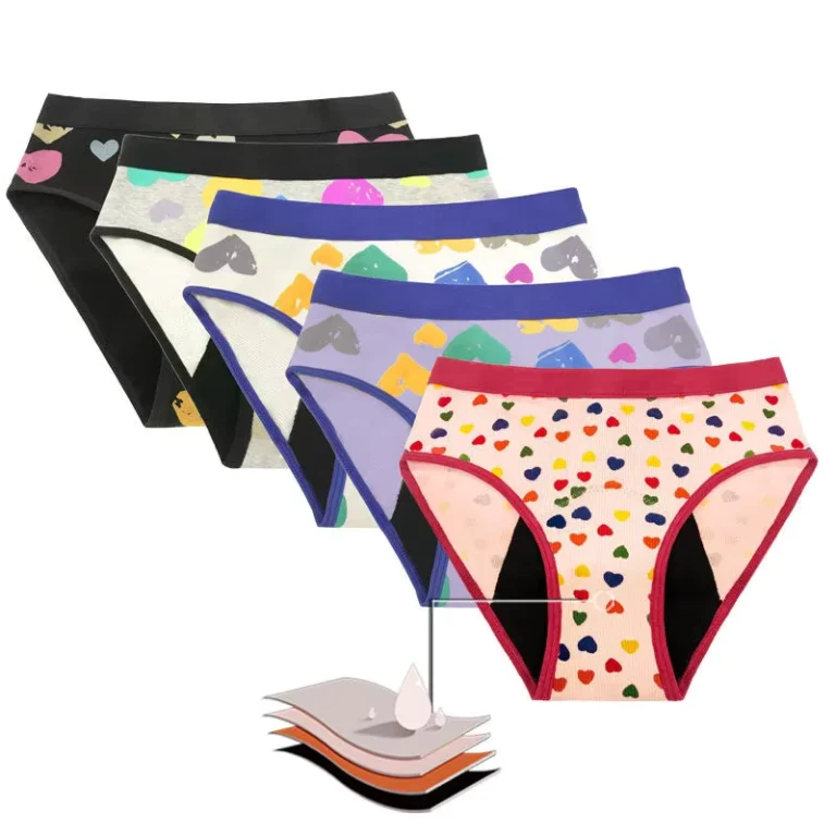 Hearts-Printing-4-Layers-Absorbent-Teen-Girl-Period-Panties-Reusable-Washable-Menstrual-Underwear