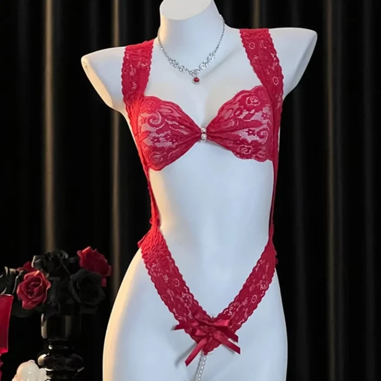 Lace-Trim-Halter-Neck-Teddy-Bodysuit-Strappy-Backless-Design-Elegant-Feminine-Underwear-Sexy-Lingerie-Set-Delicate-Beaded-Thong