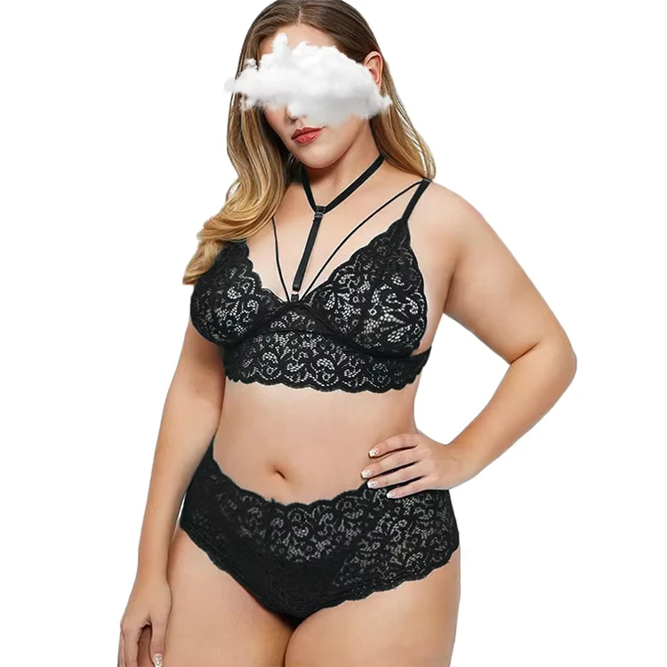 Lace-up-Bra-Set-Plus-Size-Sexy-Lingerie-V-Neck-High-Waist-Floral-Lace-Cross-Bra-Lingerie-for-Chubby-Women