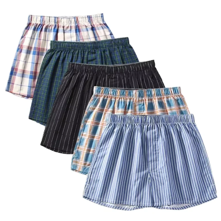 Mens-Cotton-Mid-Rise-Boxer-Briefs-Shorts-Loose-Arrow-Pants-with-Woven-Plaid-Stripe-Breathable-Underwear-with-Logo-at-Waist