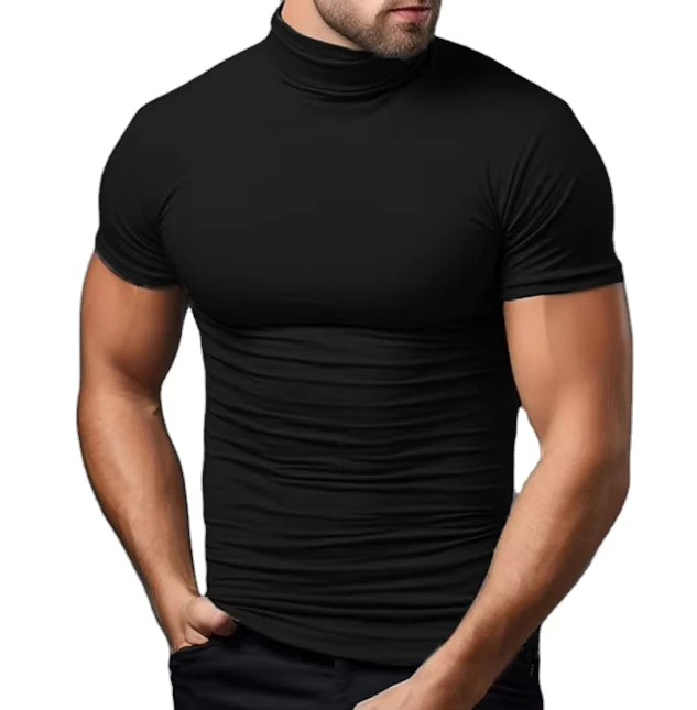Mens-Custom-Plain-95-Polyester-5-Spandex-Turtleneck-Short-Sleeve-Foreign-Trade-with-a-Top-European-and-American-Undershirt