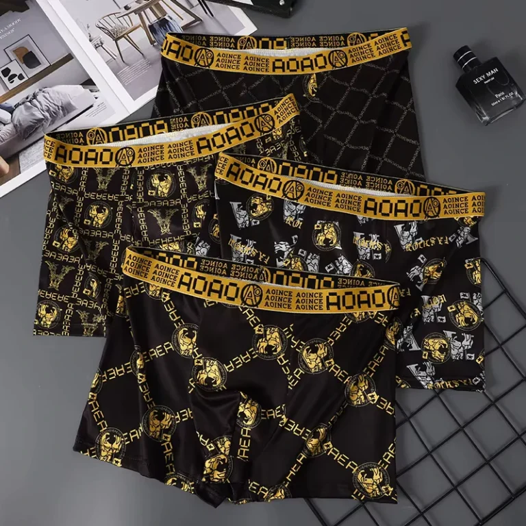 Mens-Mid-Waist-Boxer-Briefs-Comfortable-High-Elastic-Thin-Briefs-with-Ice-Silk-Pattern-Breathable-with-Logo-on-Waist