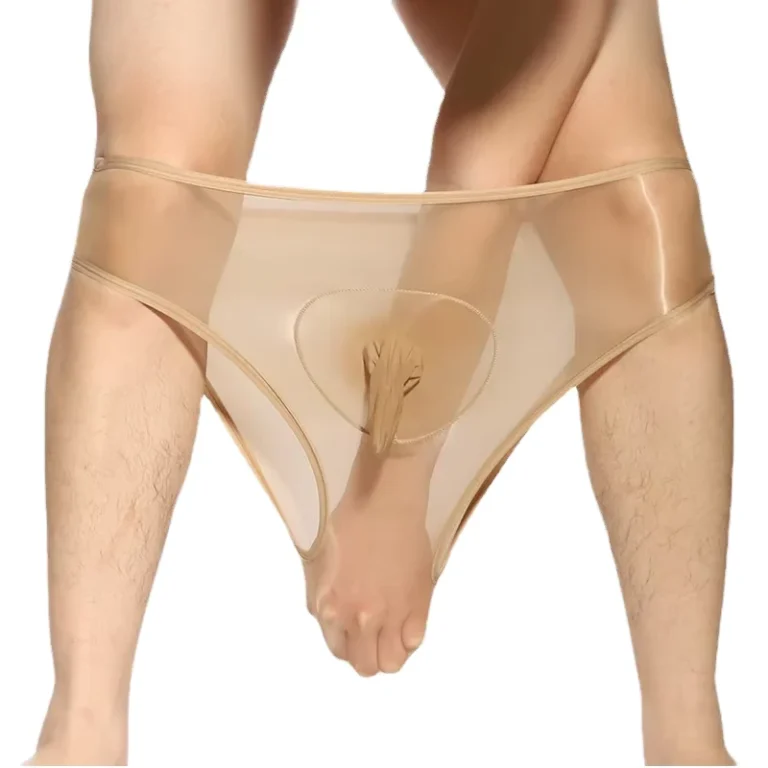 Mens-Sexy-Mid-Rise-Underwear-Seamless-Breathable-Ultrathin-Shiny-Sheer-Transparent-Open-Big-Briefs-Silky-Erotic-Nylon