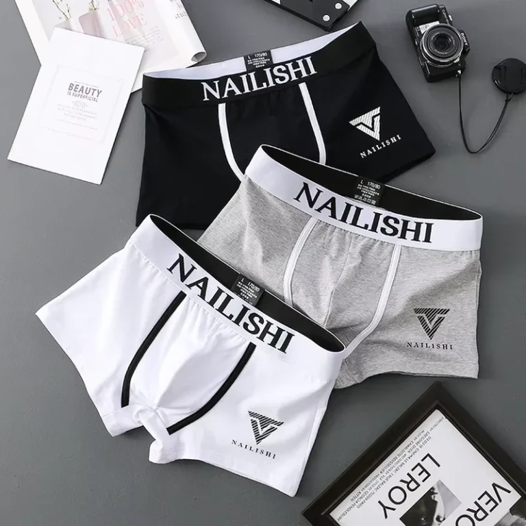 Mens-Trendy-Mid-Rise-Boxer-Briefs-Breathable-100-Cotton-Knitted-Fabric-with-Personalized-Letter-Print-and-Logo-on-Waist