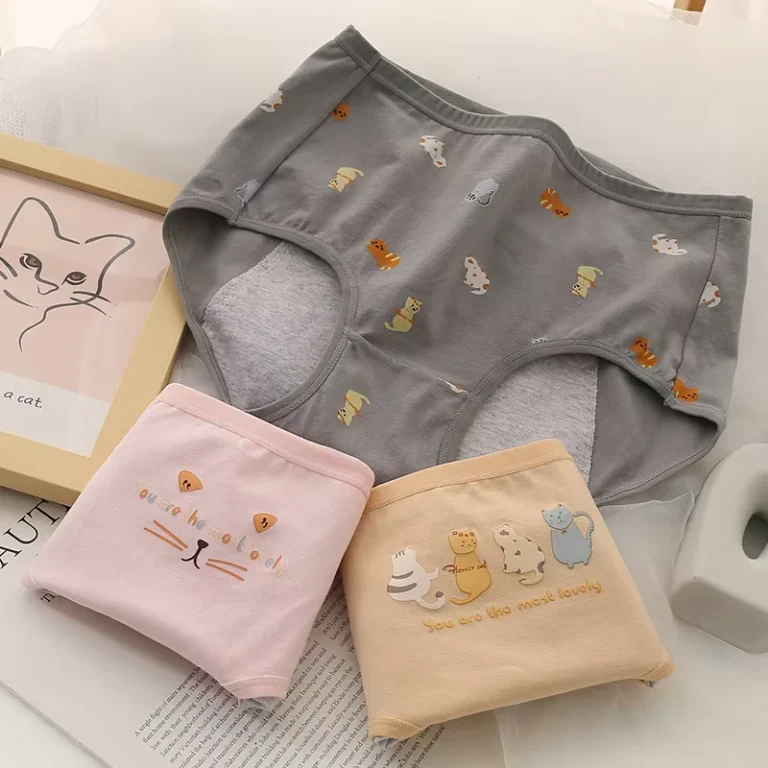 Mid-Waist-Cat-Printed-Cotton-Cute-Seamless-Period-Young-Girls-Physiological-Underwear-Washable-Menstrual-Panties
