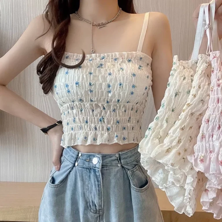 New-Style-Womens-Short-Floral-Camisole-Top-with-Built-In-Bra-Pads-Ruffled-Inner-Layer-Wrap-Around-Design
