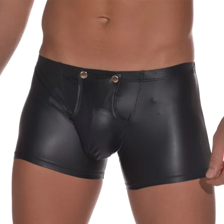 ODMOEM-Mens-Faux-Leather-Boxer-Briefs-Low-Rise-Open-Crotch-Button-Front-Wet-Look-Stretch-Underwear-Custom-Colors-Sizes