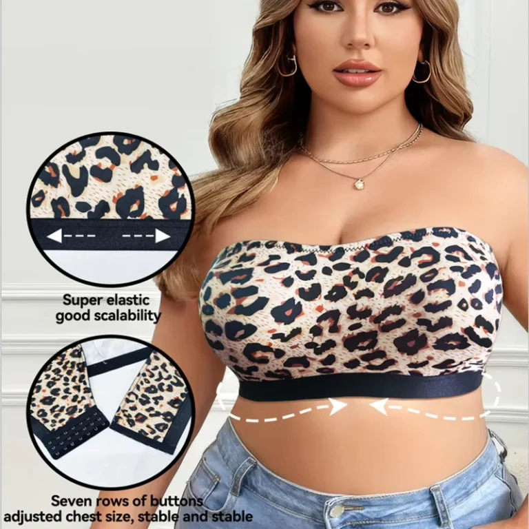 Plus-Size-Leopard-Print-Strapless-Bandeau-Bra-Side-Multi-Hook-Wireless-Push-Up-Side-Support-Anti-Slip-Shaping-Lingerie
