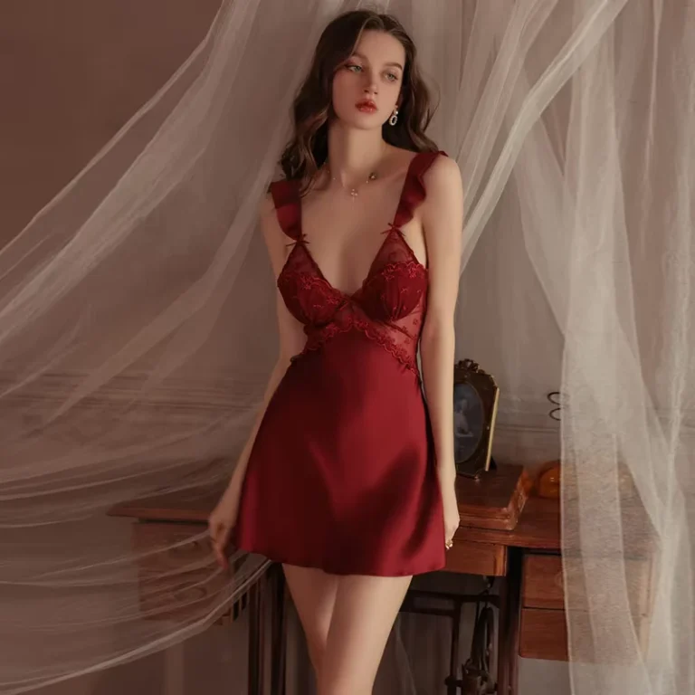 Sexy-Pajamas-Satin-Bra-Pad-Slip-Nightdress-Knee-Length-Lace-Perspective-Temptation-Flounce-Add-Sex-Appeal-Underwear