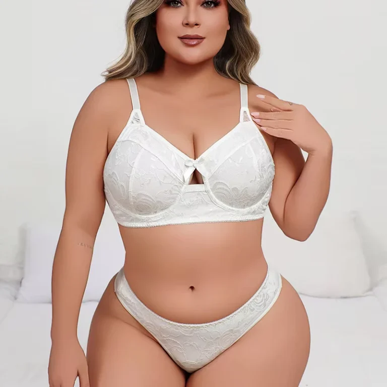 Sexy-Plus-Size-Womens-Everyday-White-Solid-Color-High-Cut-Full-Cup-Underwear-Set-Gathering-Bra-Two-Piece-Set