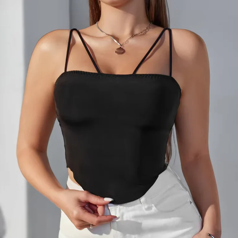 Sleeveless-Cross-Spaghetti-Strap-Solid-High-Stretch-Ladies-Camisole-Tank-Top
