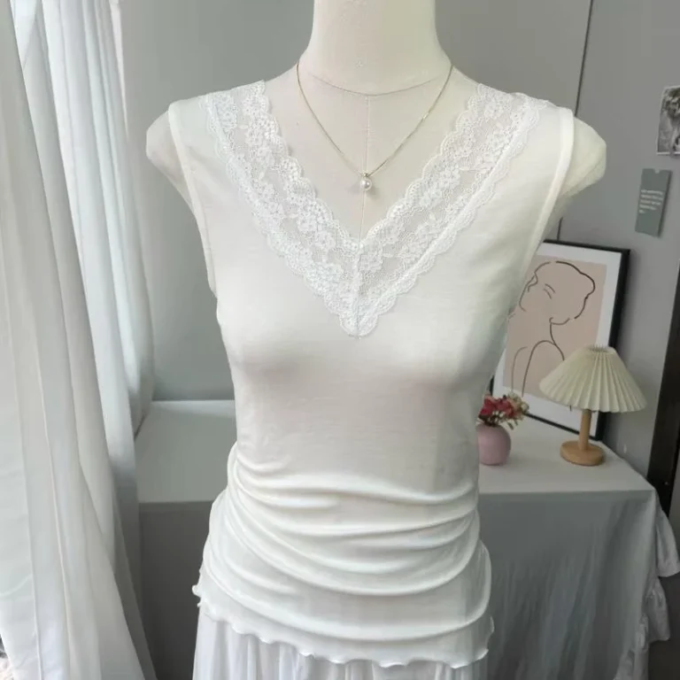 Summer-Collection-Skinny-V-Neck-Vest-With-Lace-for-Tencel-Stretchy-Camisole-Breathable-Sleeveless-Tank-Top-for-Women-Layering