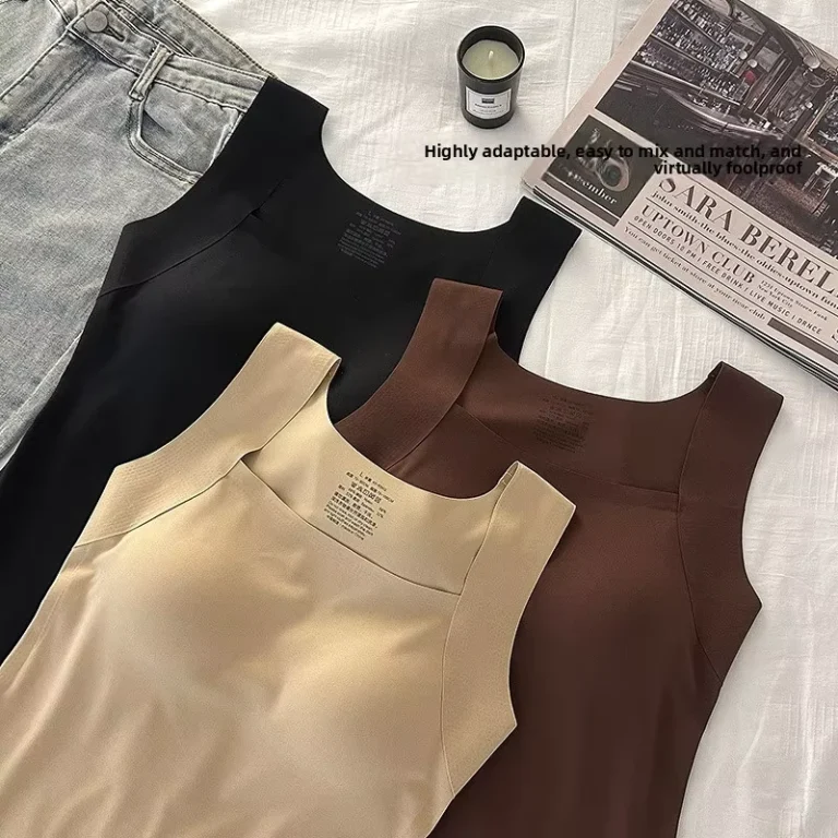 Women-Tank-Top-Built-in-Shelf-Bra-Wide-Straps-Camisole-Sleeveless-Vest-High-Elasticity-Shaping-Base-Layer-Padded-Top-Nylon-Sweet