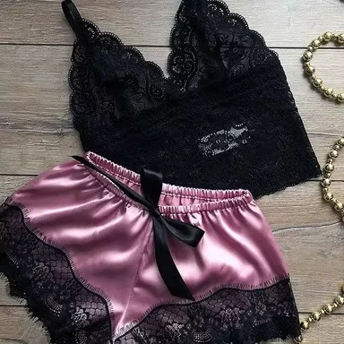 WomenS-Pajamas-Underwear-Sexy-Silk-Satin-Lingerie-WomenS-Sexy-Lace-Halter-Top-Shorts-Pajamas-Set