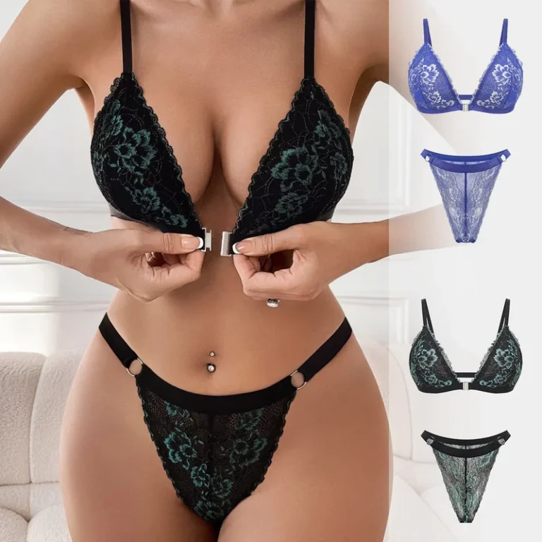 Womens-Front-Closure-Bra-Brief-Set-Lace-Trim-Adjustable-Thin-Strap-Low-rise-Thongs-Panties-Triangle-Cup-Bralette-Set