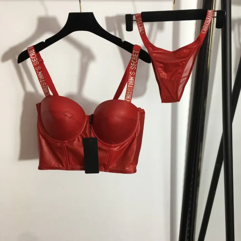 Womens-New-Underwear-Shiny-Rhinestone-Strap-PU-Leather-Tube-Top-Bra-and-Triangle-Panties