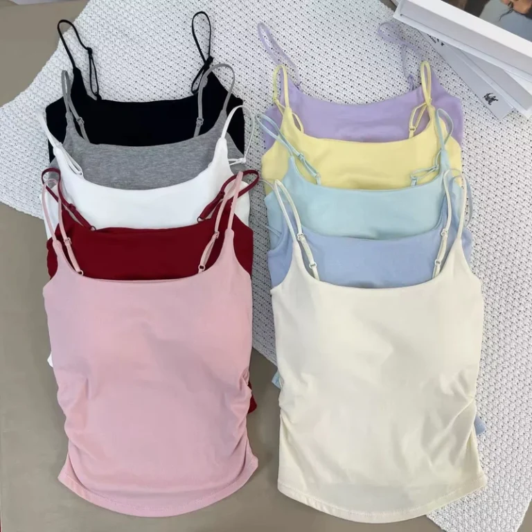 Womens-Ruched-Side-Camisole-Adjustable-Spaghetti-Straps-Scoop-Neck-Form-Fitting-Tank-Top-Crop-Top