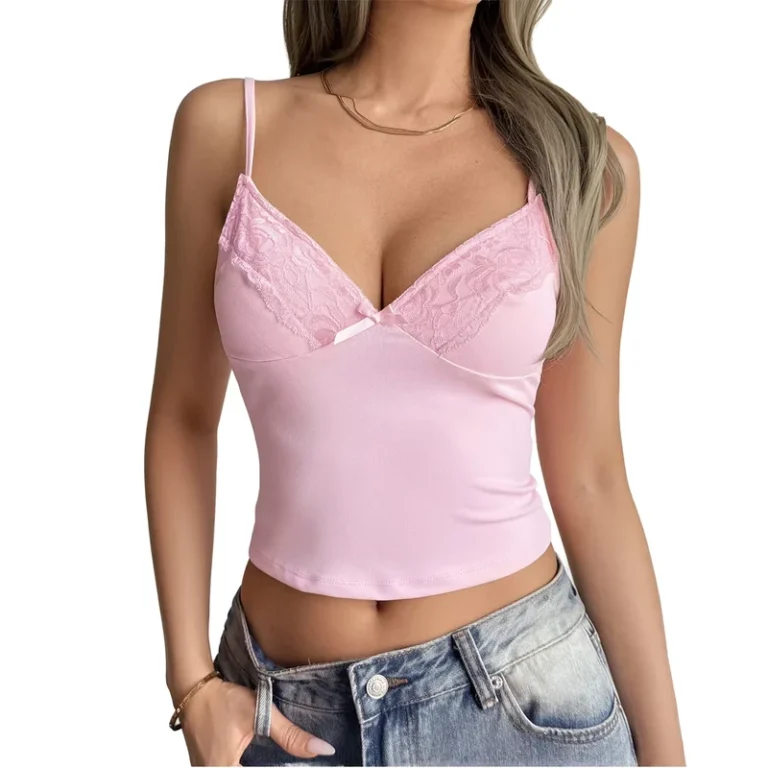 Womens-Sexy-Lace-Solid-Pattern-Low-Cut-V-Neck-Slim-Sleeveless-Short-Tops-Casual-Tank-Top-Vest-Length-Camisole-Worsted-Fabric