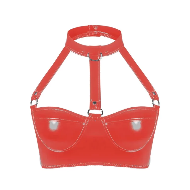 Womens-Wet-Look-Pink-Red-Patent-Leather-Lingerie-Bras-Halter-Neck-Spaghetti-Shoulder-Straps-Open-Cups-Wire-free-Shelf-Bra-Top