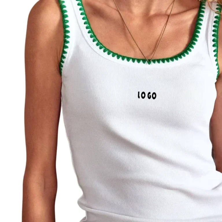 Womens-White-Ribbed-Tank-Top-with-Green-Scallop-Trim-Custom-Logo-Summer-Casual-Sleeveless-Camisole-for-Outerwear